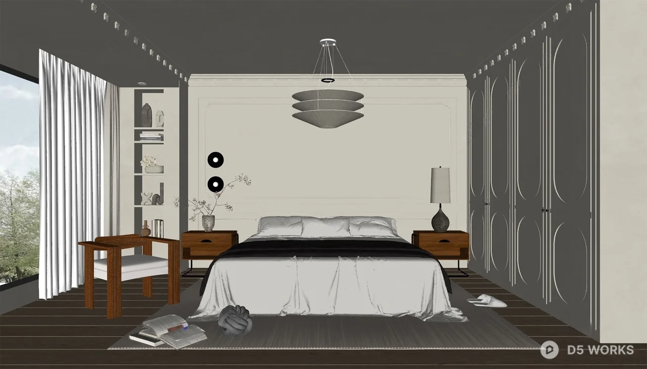 Minimalist Modern Bedroom with Curved Paneling 3d model thumbnail 2