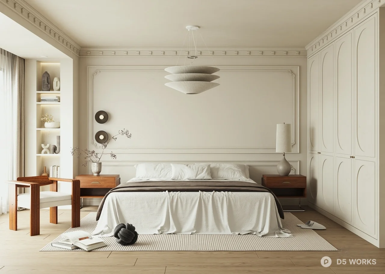 Minimalist Modern Bedroom with Curved Paneling 3d model - Image 1
