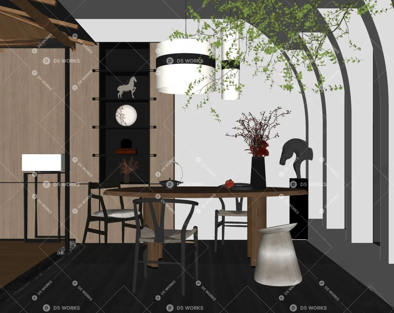 Modern Minimalist Dining Room with Oval Table 3d model thumbnail 2