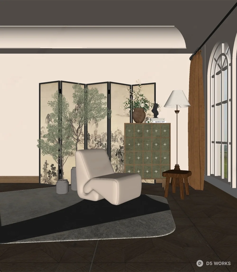 Modern Minimalist Living Room with Curved Armchair and Screen 3d model thumbnail 2