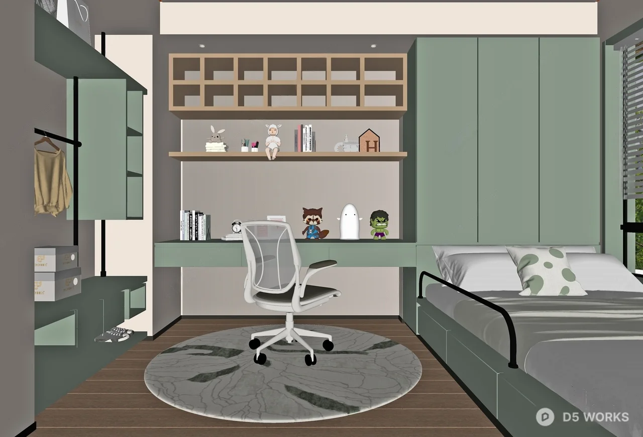 Modern Minimalist Children Room with Study Zone 3d model thumbnail 2