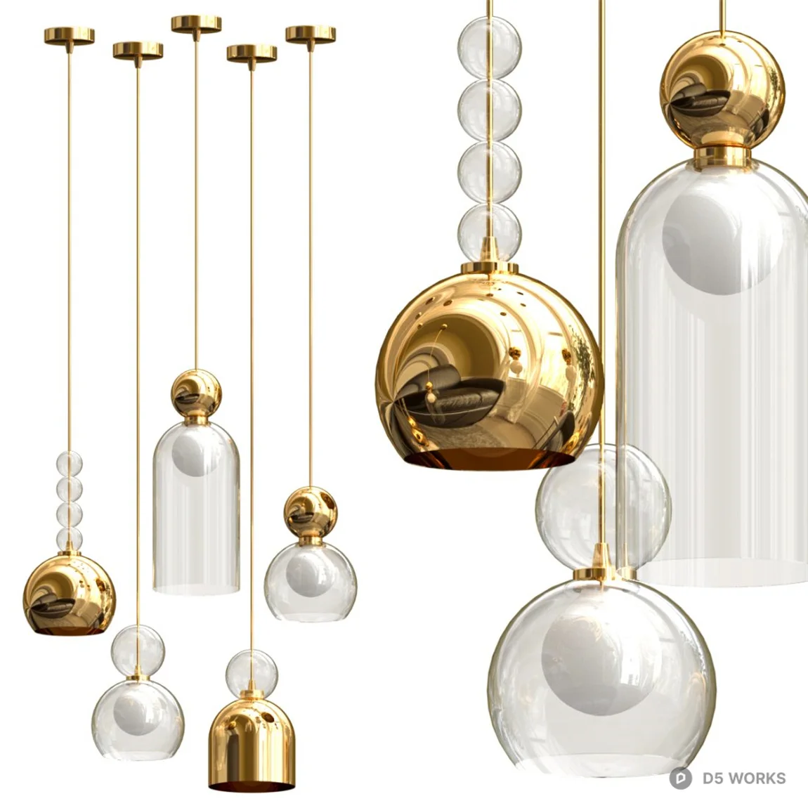 Gold And Glass Pendant Light Set 3d model thumbnail 2