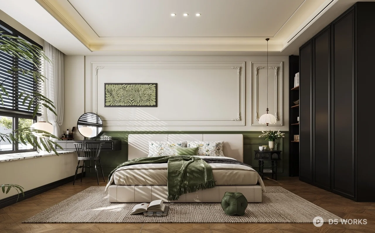Modern Minimalist Bedroom with Green Accent 3d model - Image 1