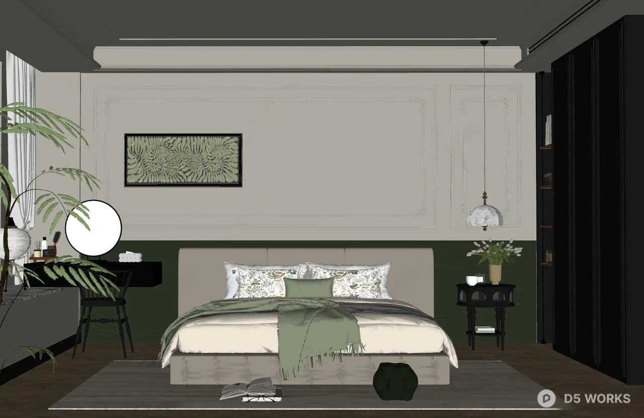 Modern Minimalist Bedroom with Green Accent 3d model thumbnail 2