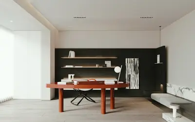 Minimalist Study Room With Black Accent Wall And Wooden Desk 3d model
