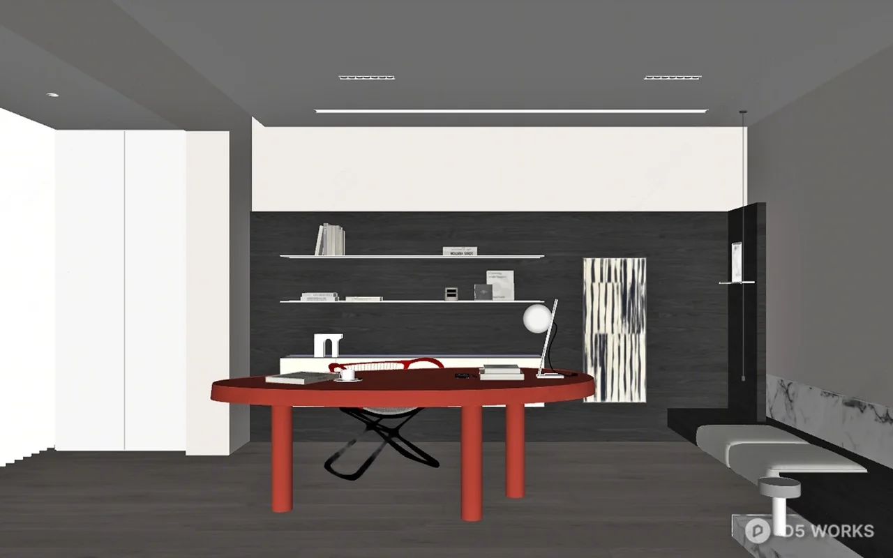 Minimalist Study Room With Black Accent Wall And Wooden Desk 3d model thumbnail 2