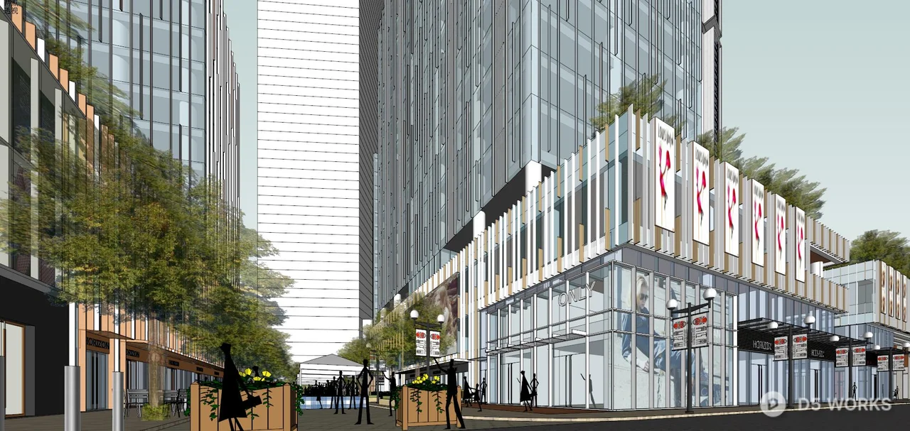 Modern Commercial Pedestrian Street With Urban Greenery 3d model thumbnail 2