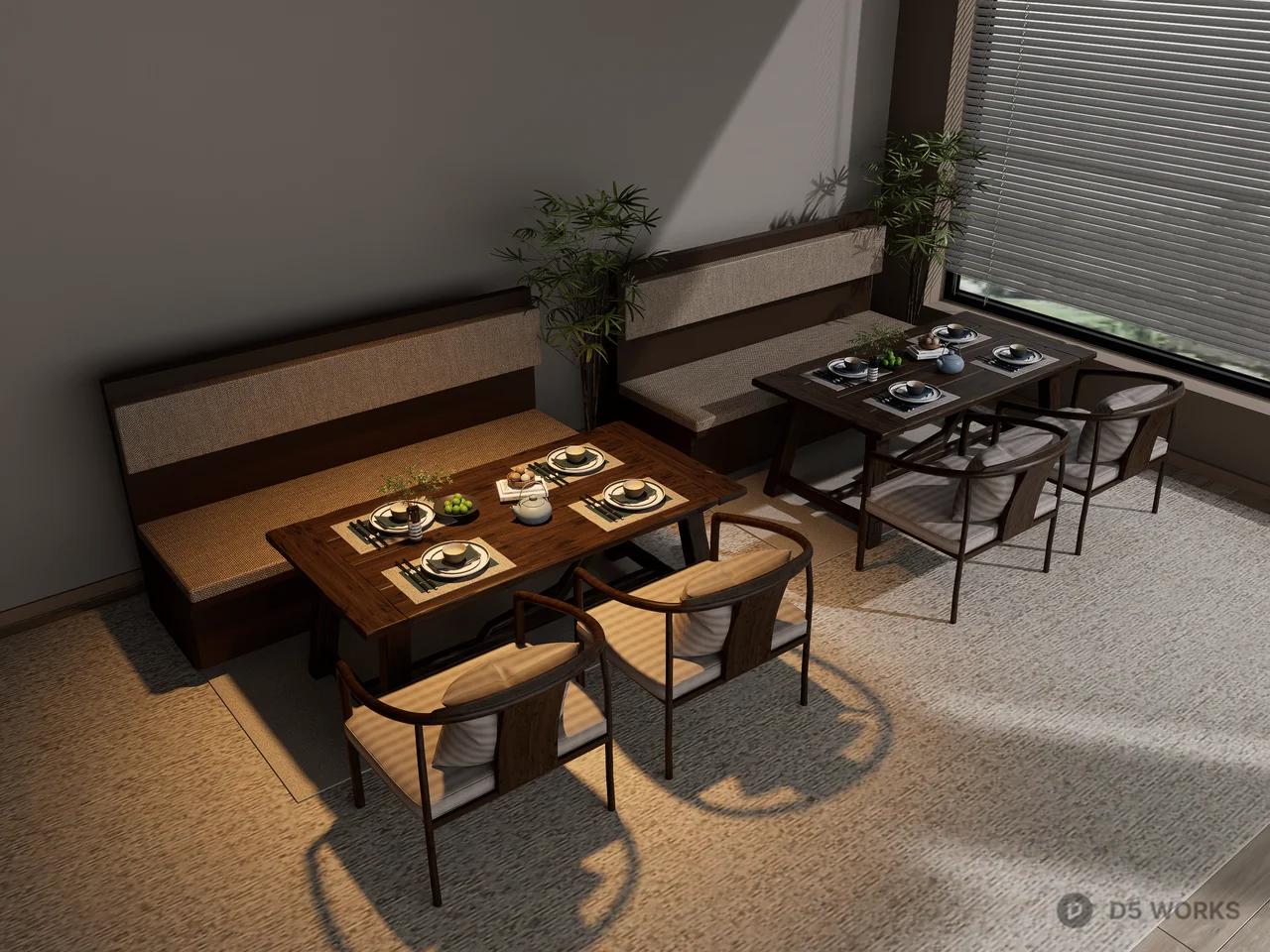 Modern Zen Restaurant Dining Set with Booth Seating 3d model - Image 1