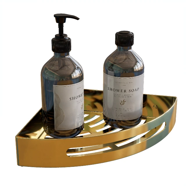 Luxury Gold Corner Shower Shelf with Soap Bottles 3d model