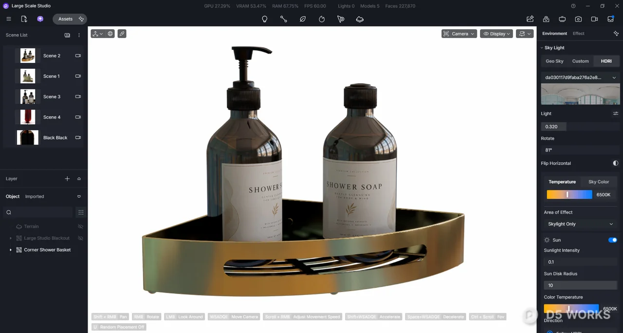Luxury Gold Corner Shower Shelf with Soap Bottles 3d model thumbnail 4