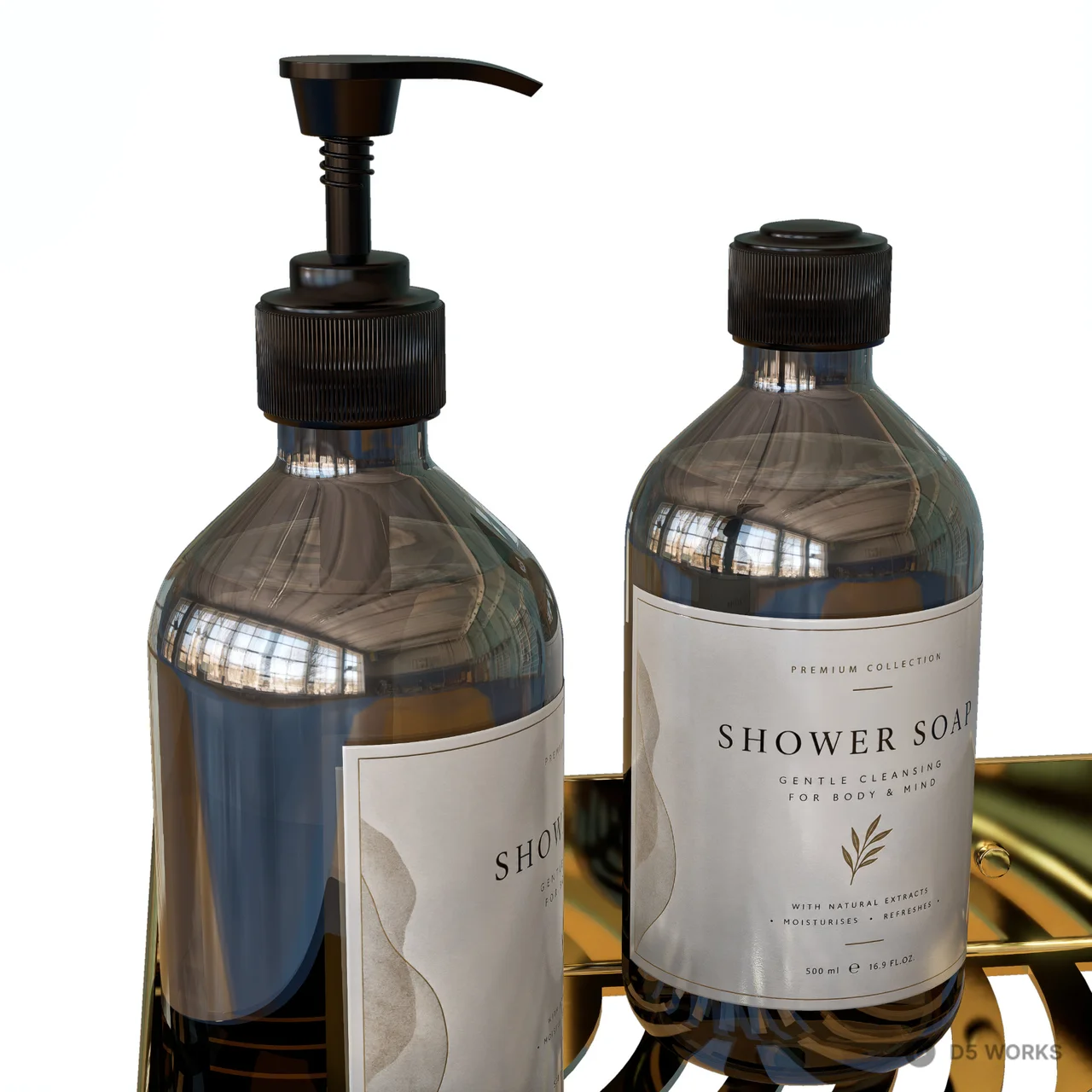 Luxury Gold Corner Shower Shelf with Soap Bottles 3d model thumbnail 2