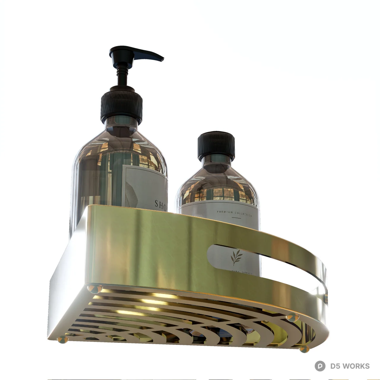 Luxury Gold Corner Shower Shelf with Soap Bottles 3d model thumbnail 3