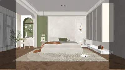 Modern Minimalist Bedroom with Herringbone Flooring 3d model