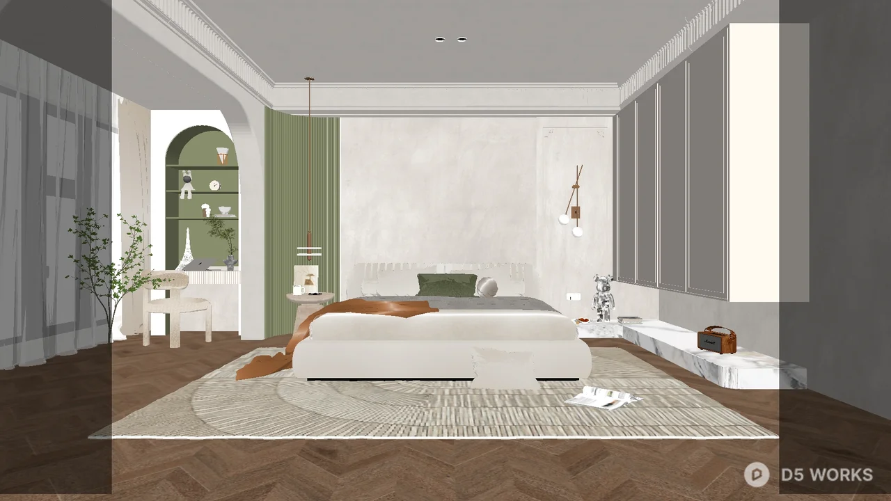 Modern Minimalist Bedroom with Herringbone Flooring 3d model - Image 1