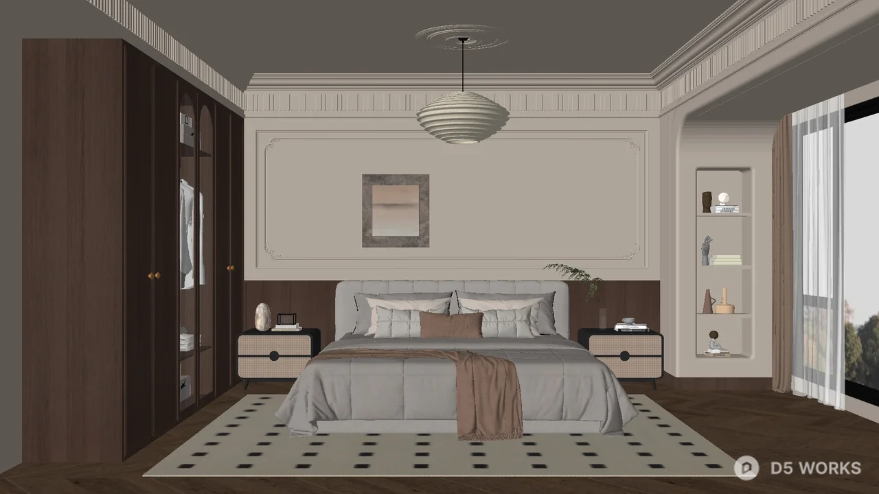 Mid Century Modern Bedroom with Geometric Rug 3d model - Image 1