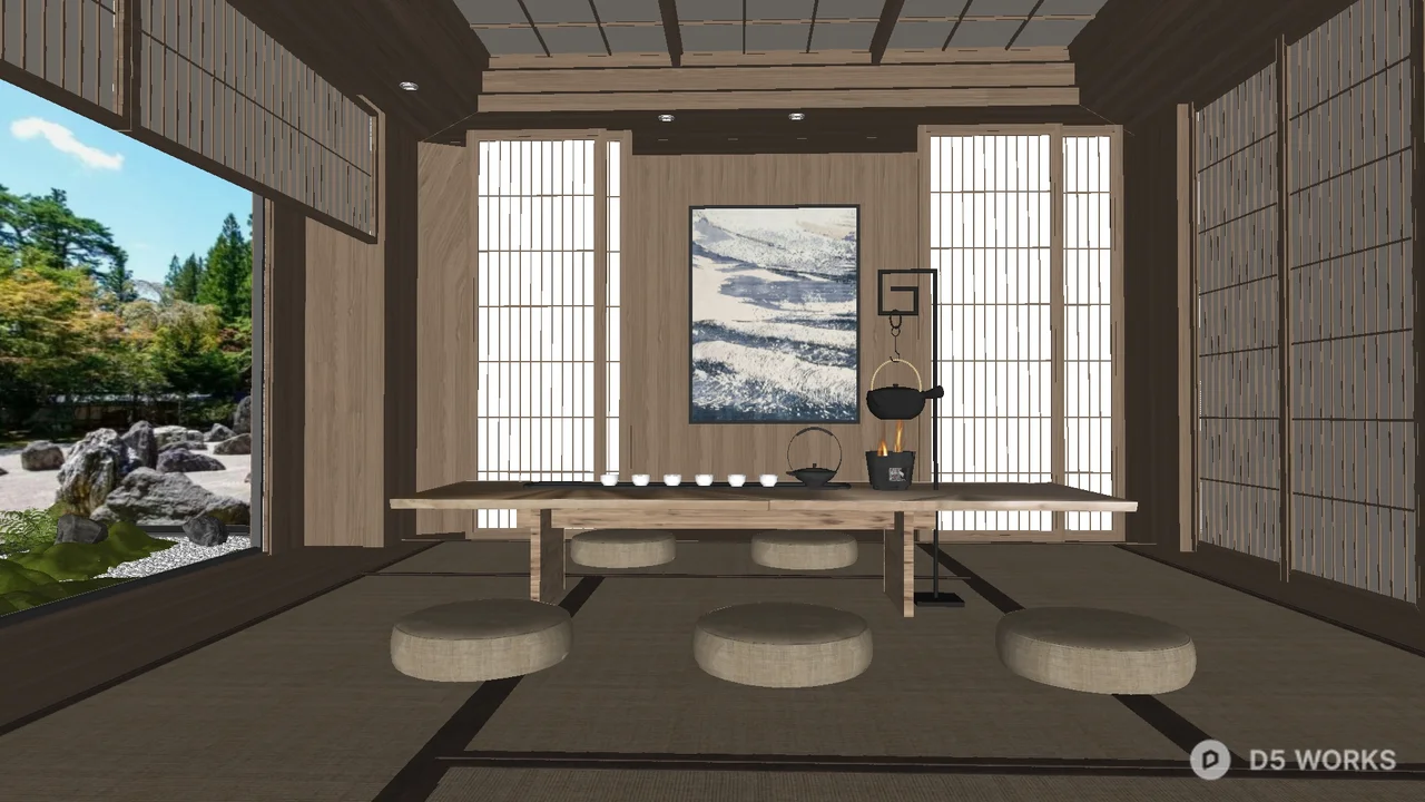 Japanese Style Tea Room with Tatami and Zen Garden View 3d model - Image 1
