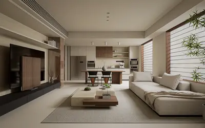 Minimalist Open-Plan Living Dining Space 3d model