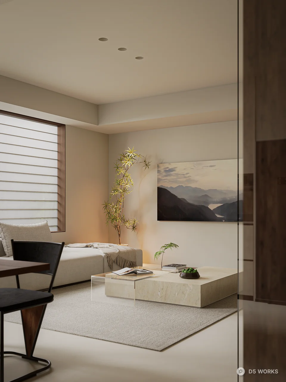 Minimalist Open-Plan Living Dining Space 3d model thumbnail 6