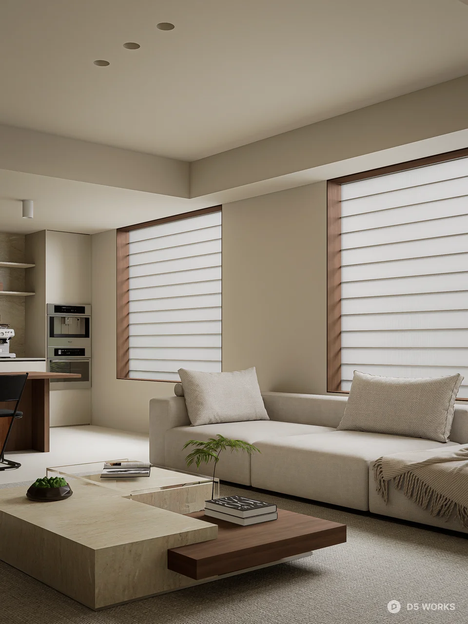 Minimalist Open-Plan Living Dining Space 3d model thumbnail 2