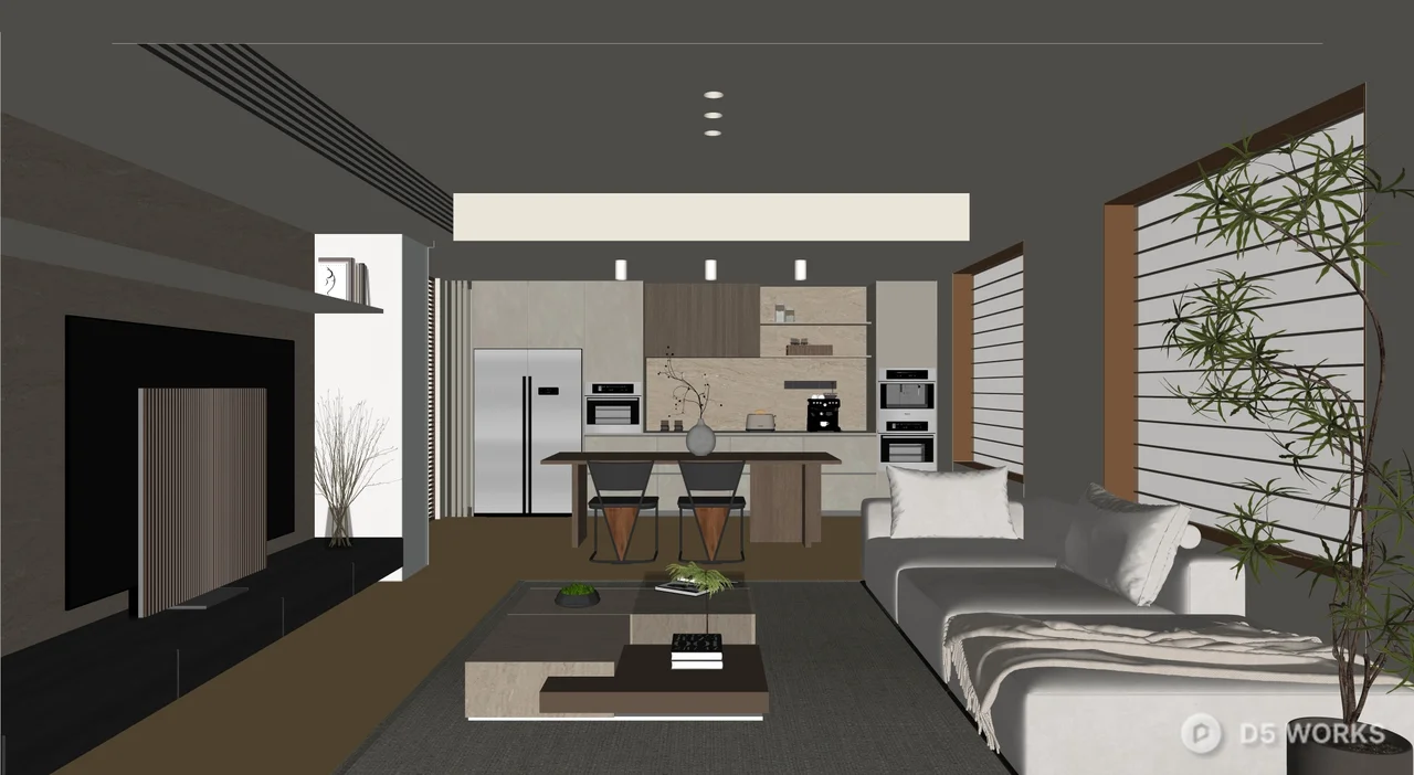 Minimalist Open-Plan Living Dining Space 3d model thumbnail 7