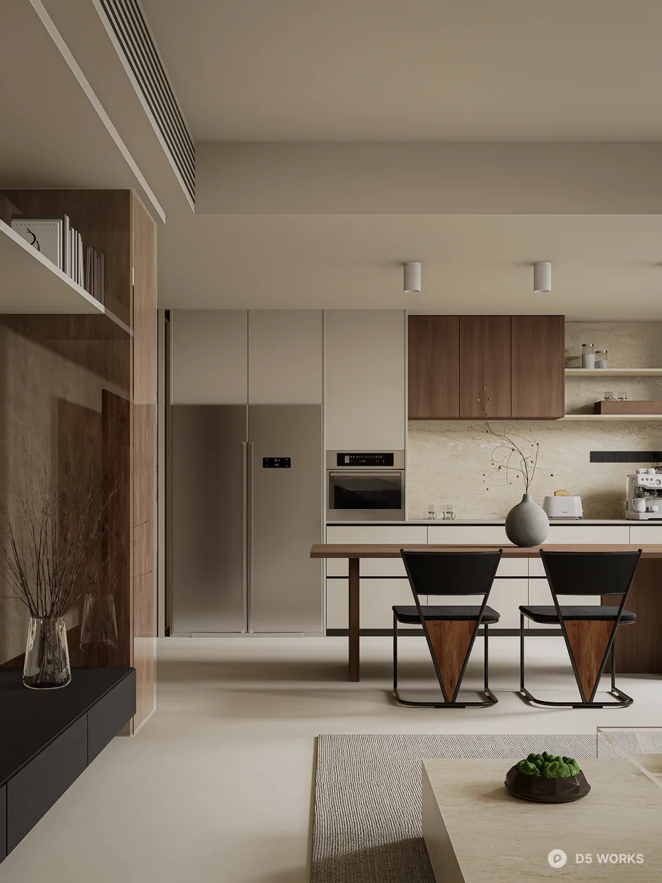 Minimalist Open-Plan Living Dining Space 3d model thumbnail 5