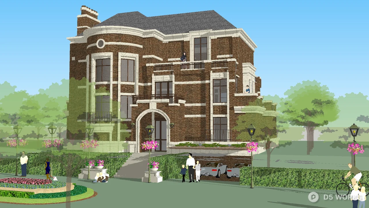 Brick Villa With Garden Landscape 3d model - Image 1