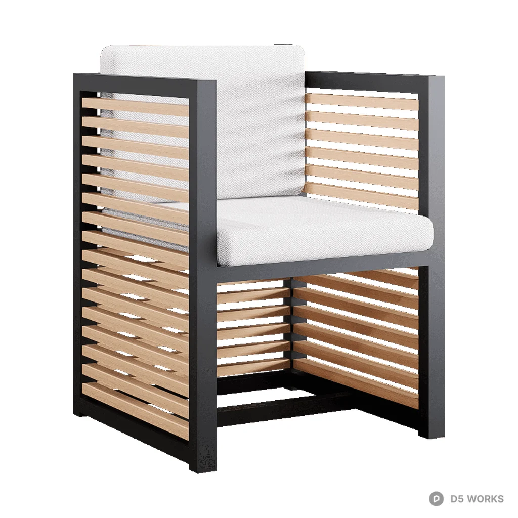 Slatted Wood And Metal Outdoor Lounge Chair 3d model - Image 1