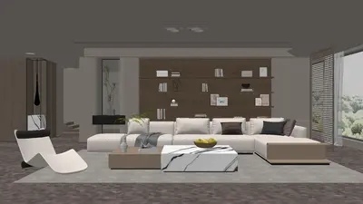 Minimalist Living Room with Modular Sofa and Bookshelf Wall 3d model
