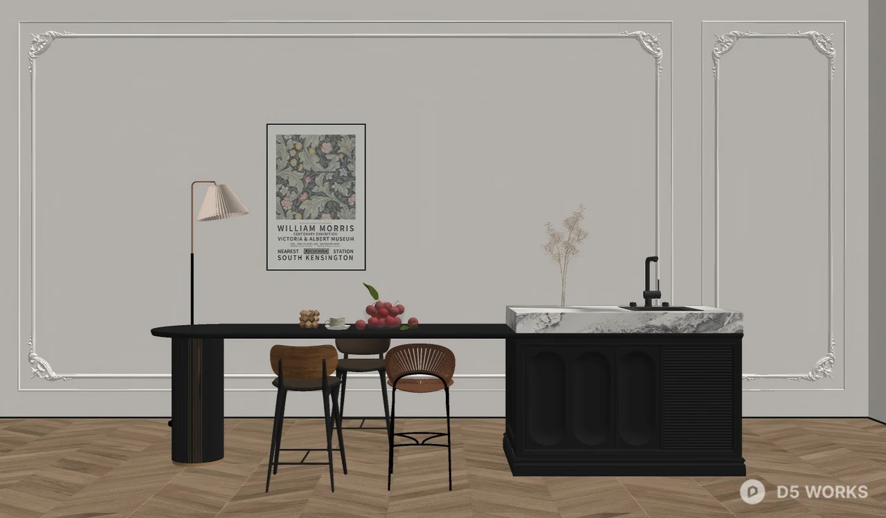 French Style Dining Room With Island Table 3d model thumbnail 2