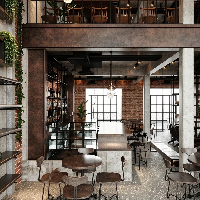 Industrial Loft Cafe with Spiral Staircase 3d model
