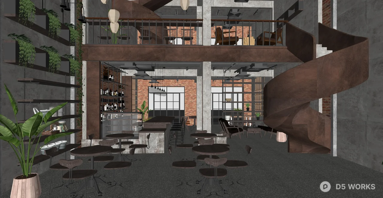 Industrial Loft Cafe with Spiral Staircase 3d model thumbnail 2