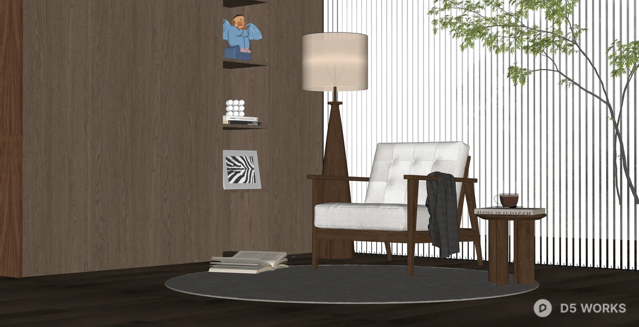 Mid-Century Modern Wooden Armchair and Reading Nook Set 3d model thumbnail 2