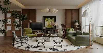 Vintage Eclectic Living Room With Green Accents 3d model