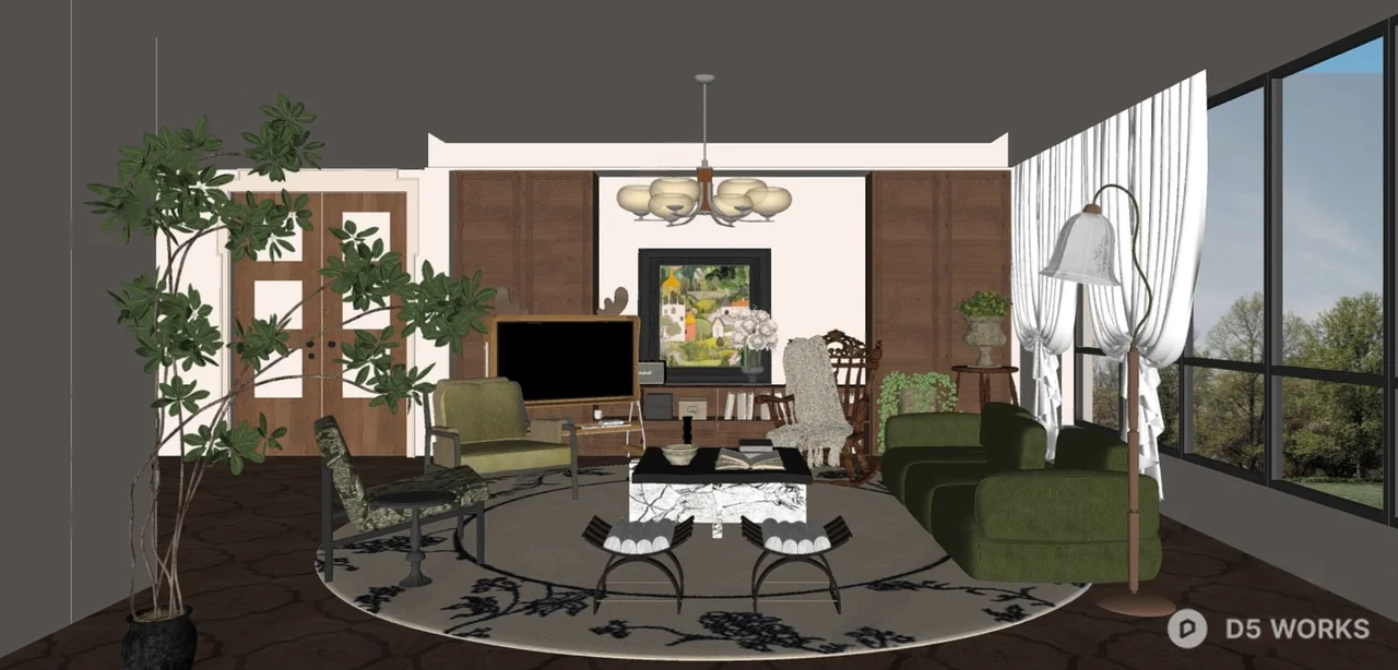 Vintage Eclectic Living Room With Green Accents 3d model thumbnail 2