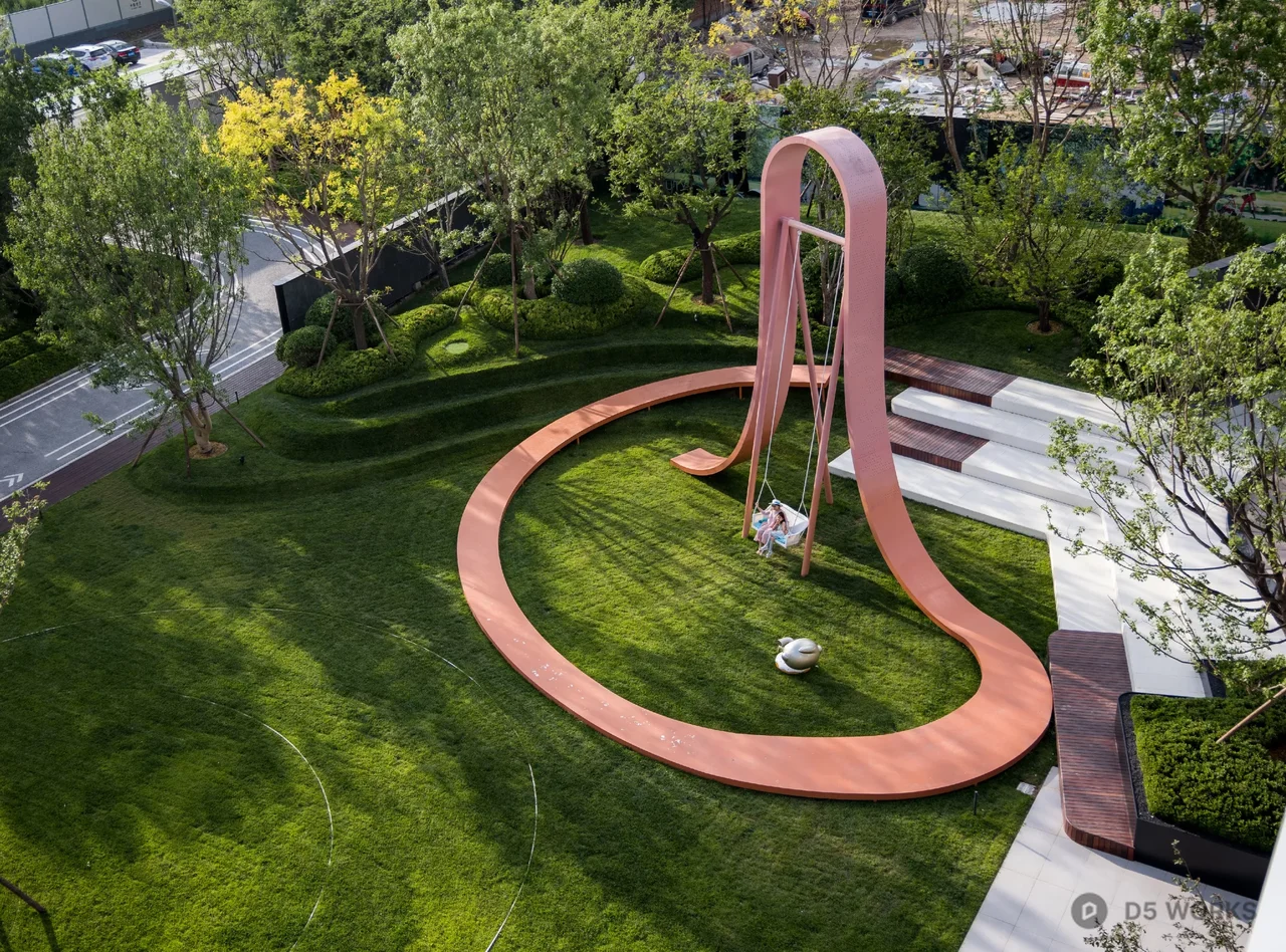 Minimalist Pink Sculpture In Urban Park 3d model thumbnail 2