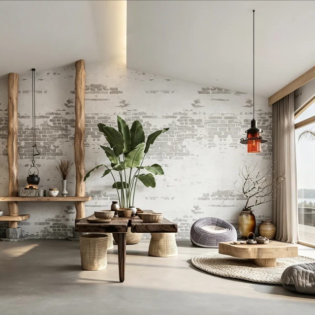 Rustic Wabi-Sabi Interior Scene with Natural Wood 3d model