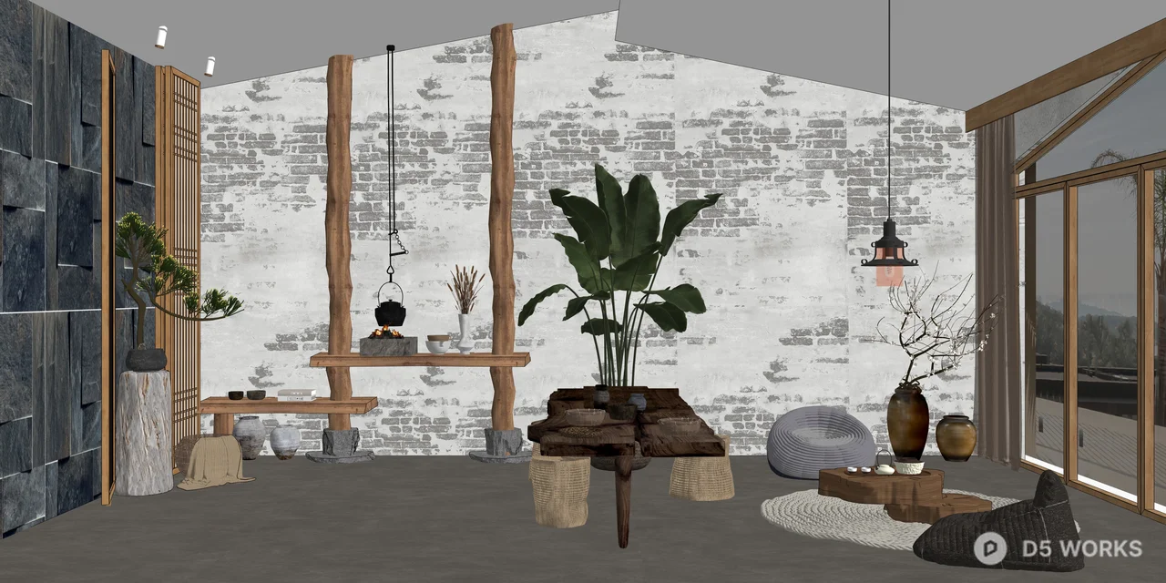 Rustic Wabi-Sabi Interior Scene with Natural Wood 3d model thumbnail 2