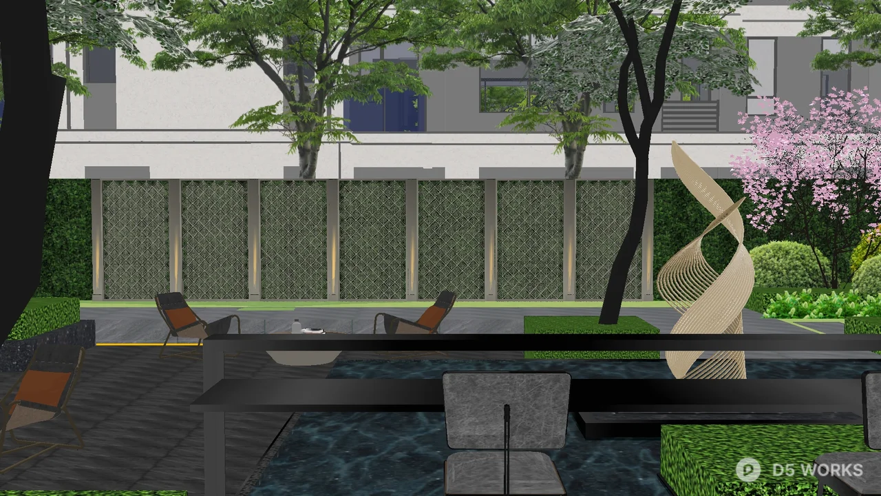 Modern Villa Courtyard with Outdoor Seating 3d model thumbnail 6