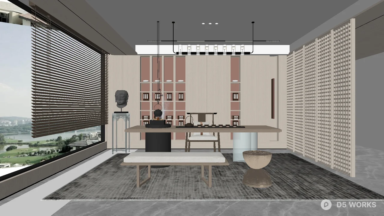 Modern Chinese Tea Room with Minimalist Screen 3d model - Image 1