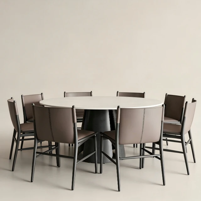 Modern Round Marble Dining Table with Leather Chairs 3d model