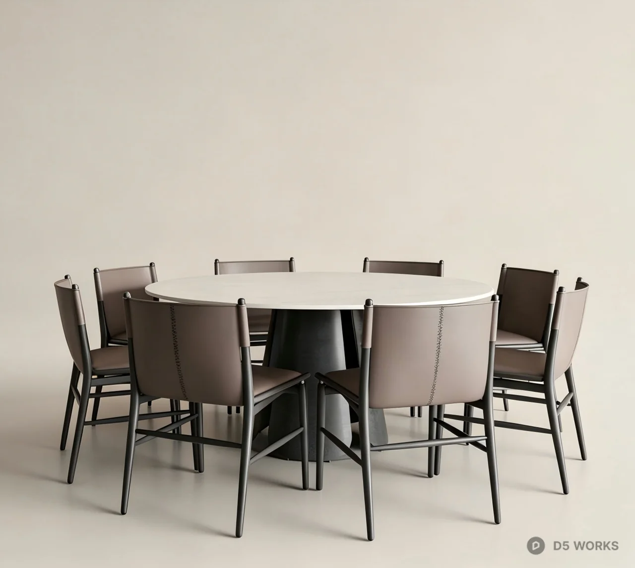 Modern Round Marble Dining Table with Leather Chairs 3d model - Image 1