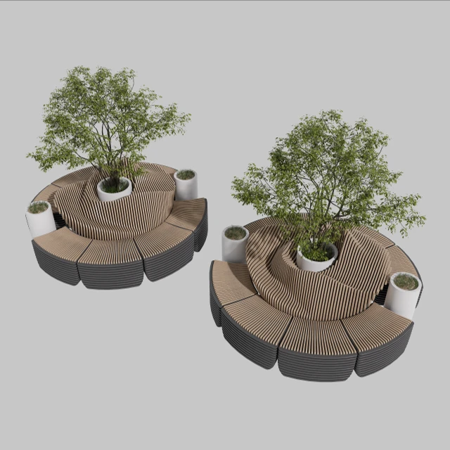 Parametric Circular Wooden Bench with Integrated Planters 3d model