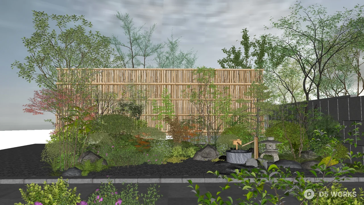 Modern Private Garden With Bamboo Screen And Rockery 3d model - Image 1