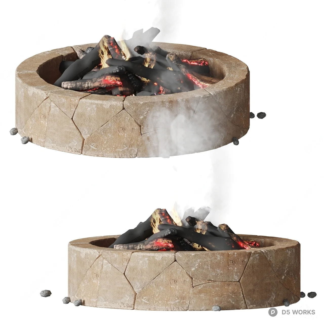 Rustic Stone Fire Pit With Burning Wood 3d model - Image 1