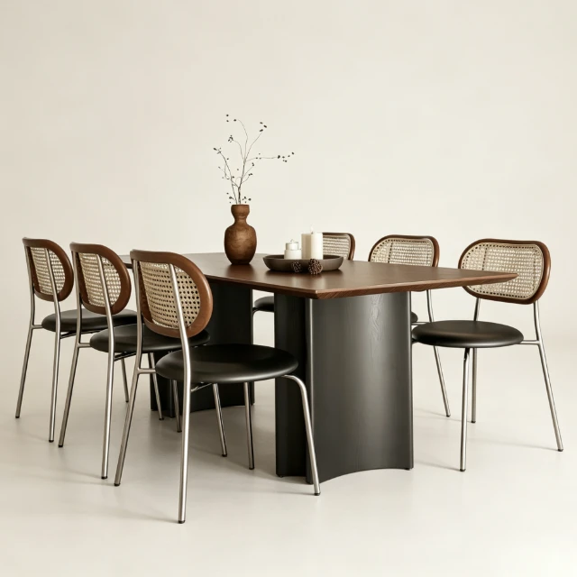 Modern Mid-Century Dining Set with Rattan Chairs 3d model