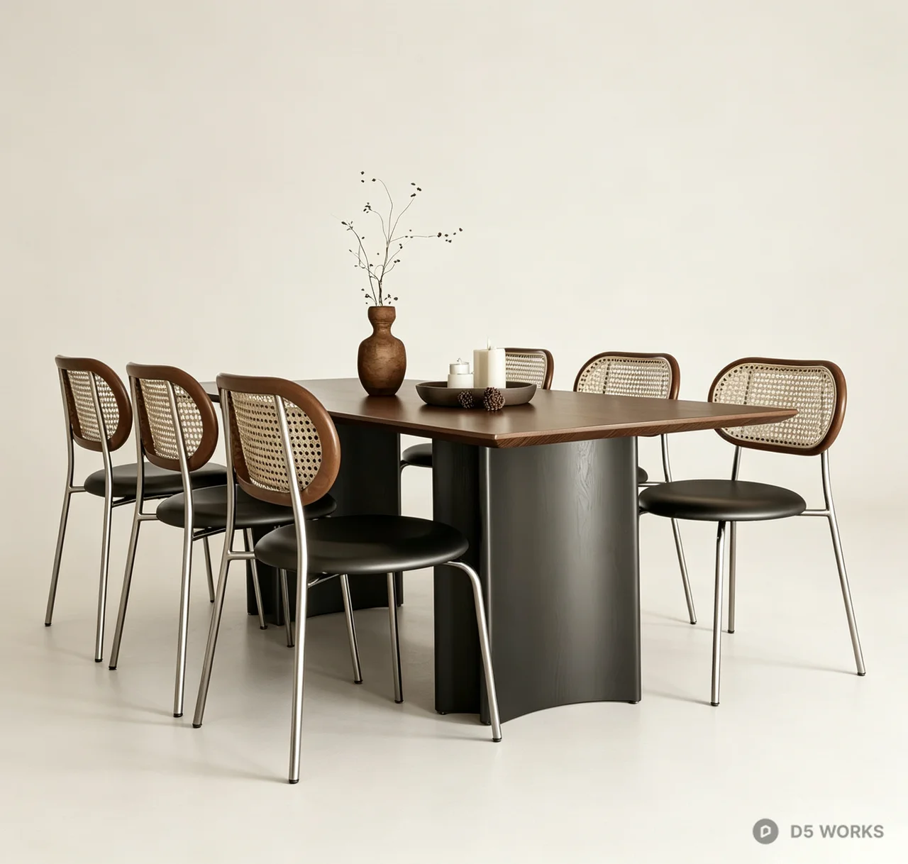 Modern Mid-Century Dining Set with Rattan Chairs 3d model - Image 1