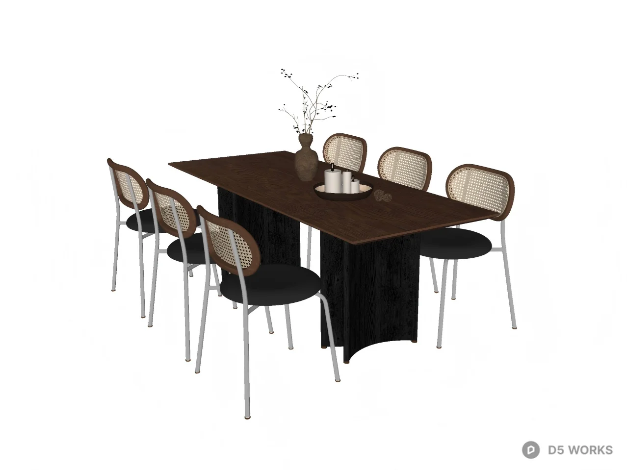 Modern Mid-Century Dining Set with Rattan Chairs 3d model thumbnail 2