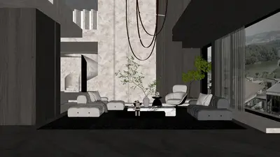 Minimalist Villa Living Room With Stone Wall And Floor-to-ceiling Window 3d model