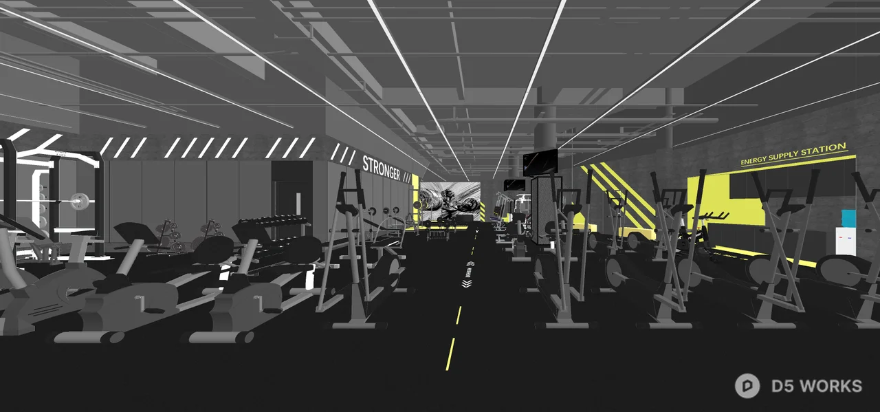 Modern Fitness Gym With Yellow Accent Walls 3d model thumbnail 4