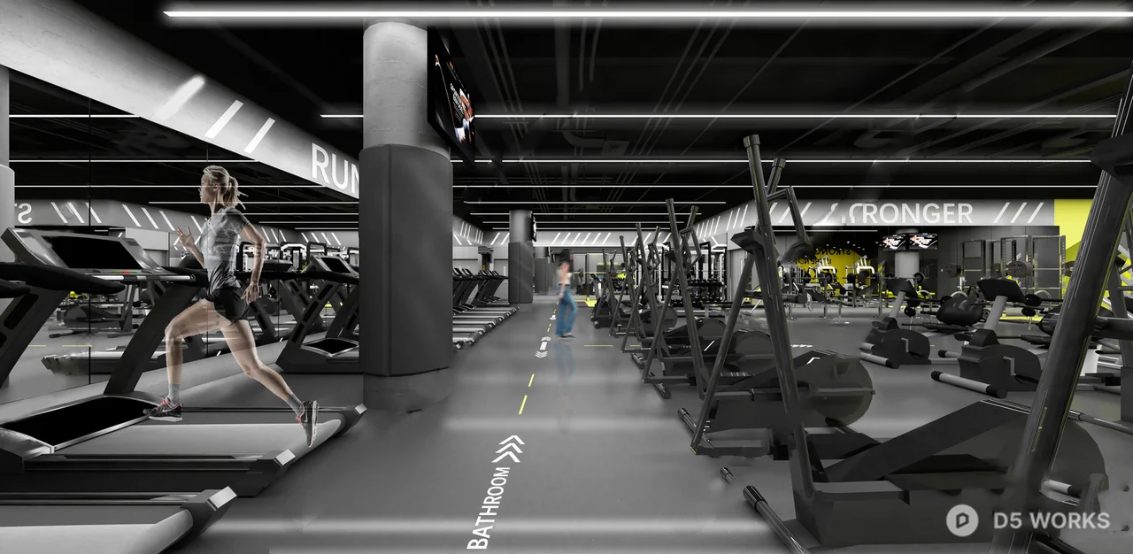 Modern Fitness Gym With Yellow Accent Walls 3d model thumbnail 5